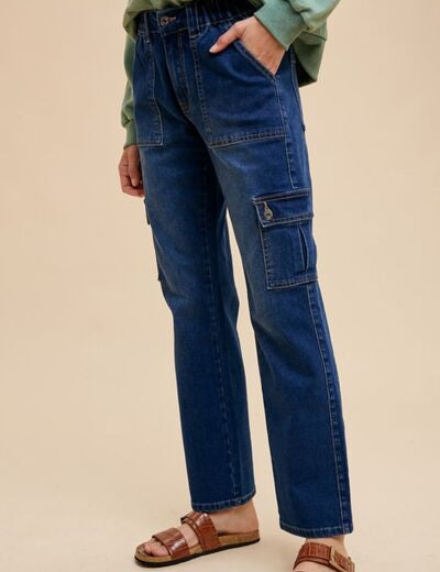 Annie Wear Dark Wash Straight Leg Jeans with Cargo Pockets Dark Cargo Jeans