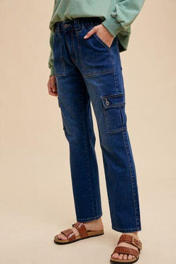 Annie Wear Dark Wash Straight Leg Jeans with Cargo Pockets - DAVERRI FASHIONS