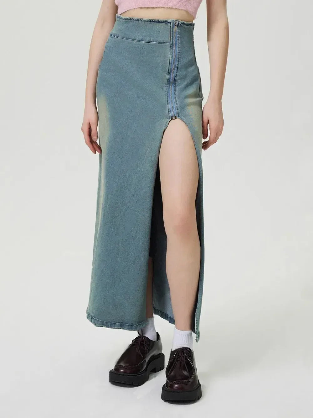 Slit Denim Skirt with Zip - DAVERRI FASHIONS