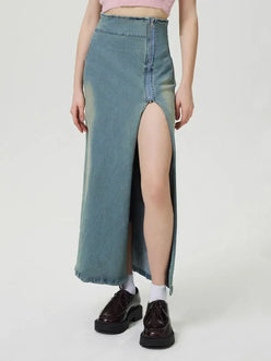 Slit Denim Skirt with Zip - DAVERRI FASHIONS