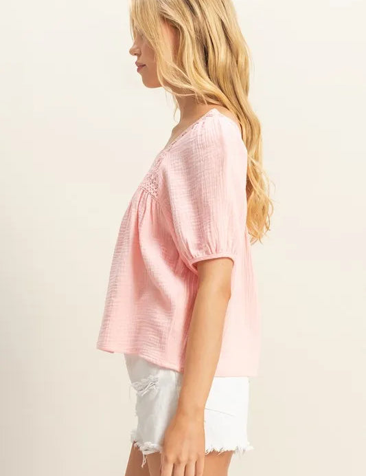 HYFVE Crochet Detail Puff Sleeve Peasant Top | Tops Daverri Fashions