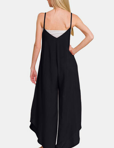 Zenana Spaghetti Strap Wide Leg Overalls with Pockets