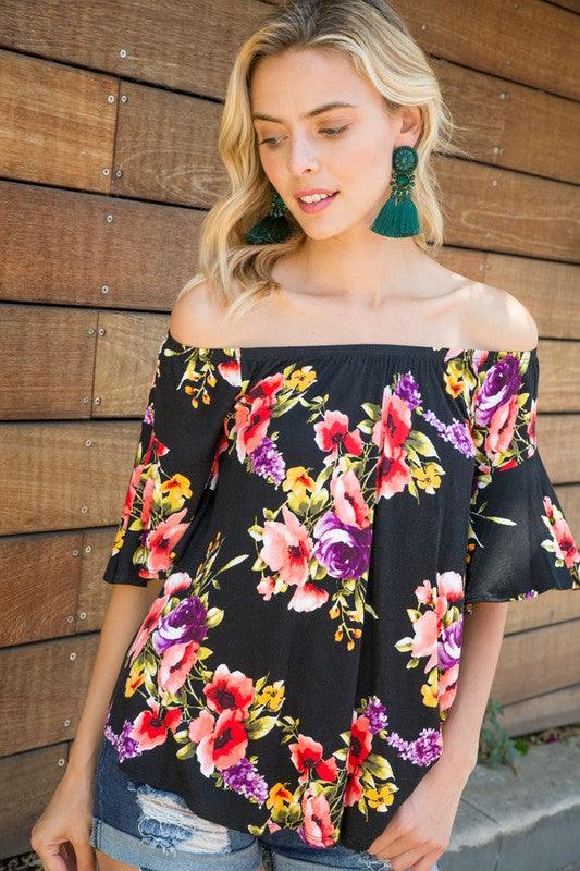 Plus Ruffle Sleeve Off Shoulder Floral Top Shirts & Tops