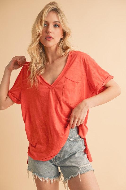 Aemi + Co Side Slit V-Neck Short Rolled Sleeve T-Shirt T-Shirts