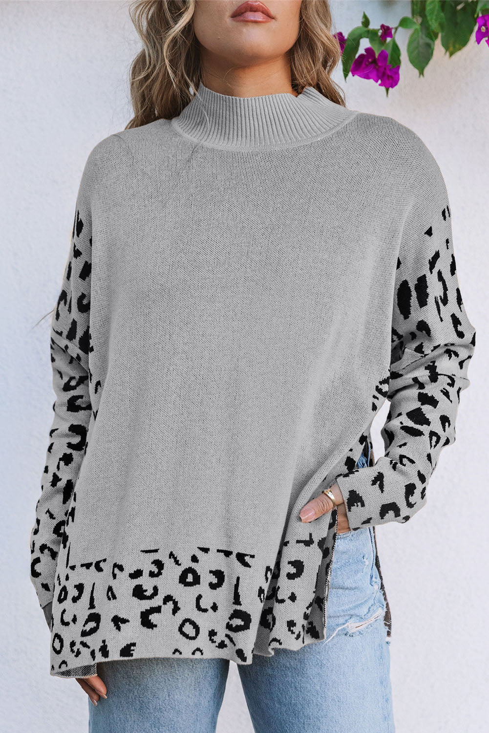 Leopard High Neck Side Slit Oversized Sweater | Sweaters & Cardigans/Sweaters Daverri Fashions