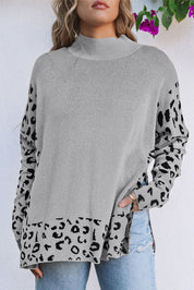 Leopard High Neck Side Slit Oversized Sweater | Sweaters & Cardigans/Sweaters Daverri Fashions