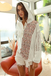 IVORY BiBi Slub Jersey with Lace Combo Buttoned Hoodie Top | Hoodies Daverri Fashions