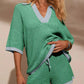 Womens collared V-neck green blue striped knit top shorts set