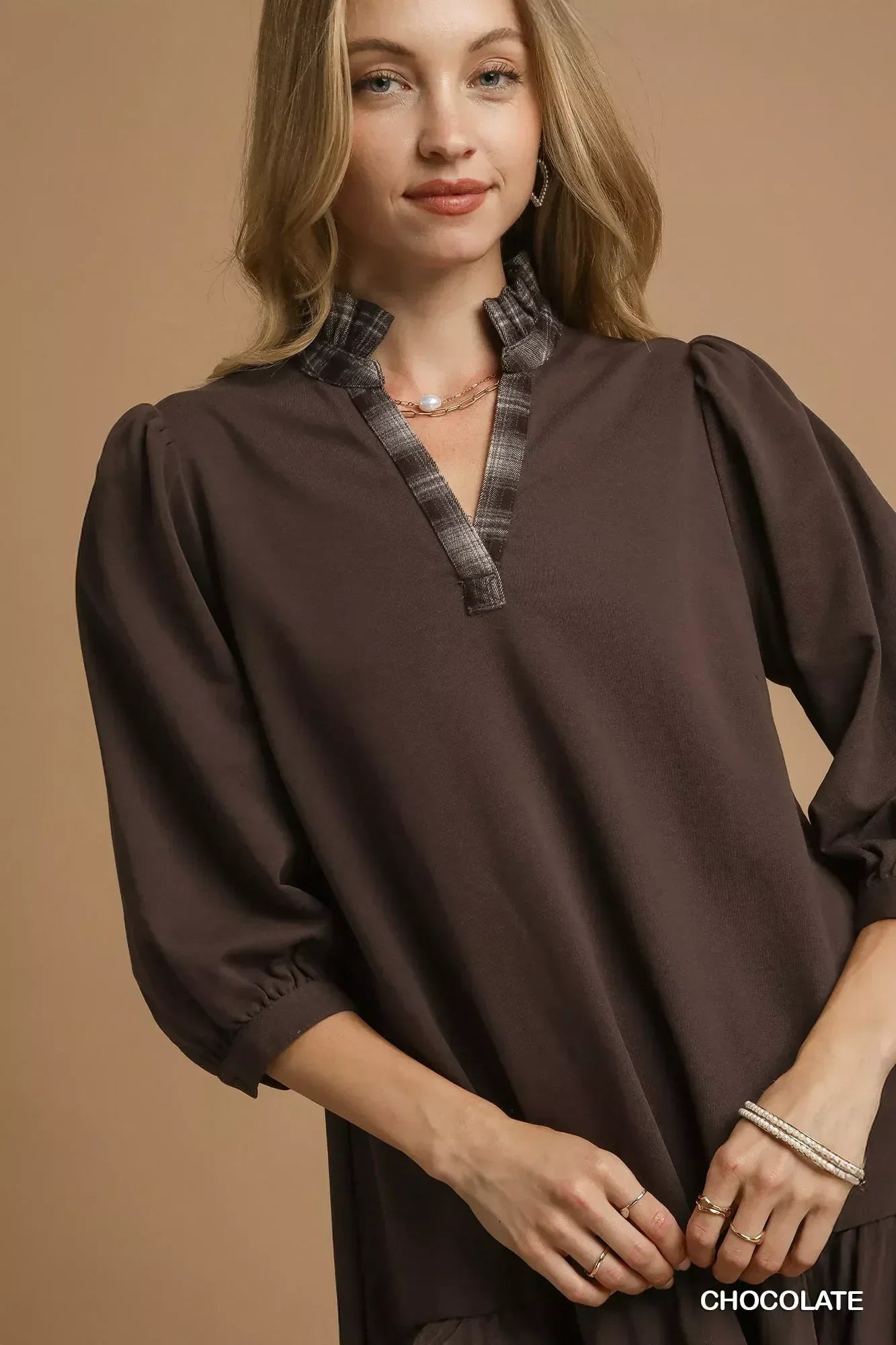 Umgee French Terry Ruffle Hem Dress with Plaid Trim - DAVERRI FASHIONS