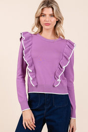 Mittoshop Contrast Trim Ruffled Round Neck Knit Top Lilac Tops