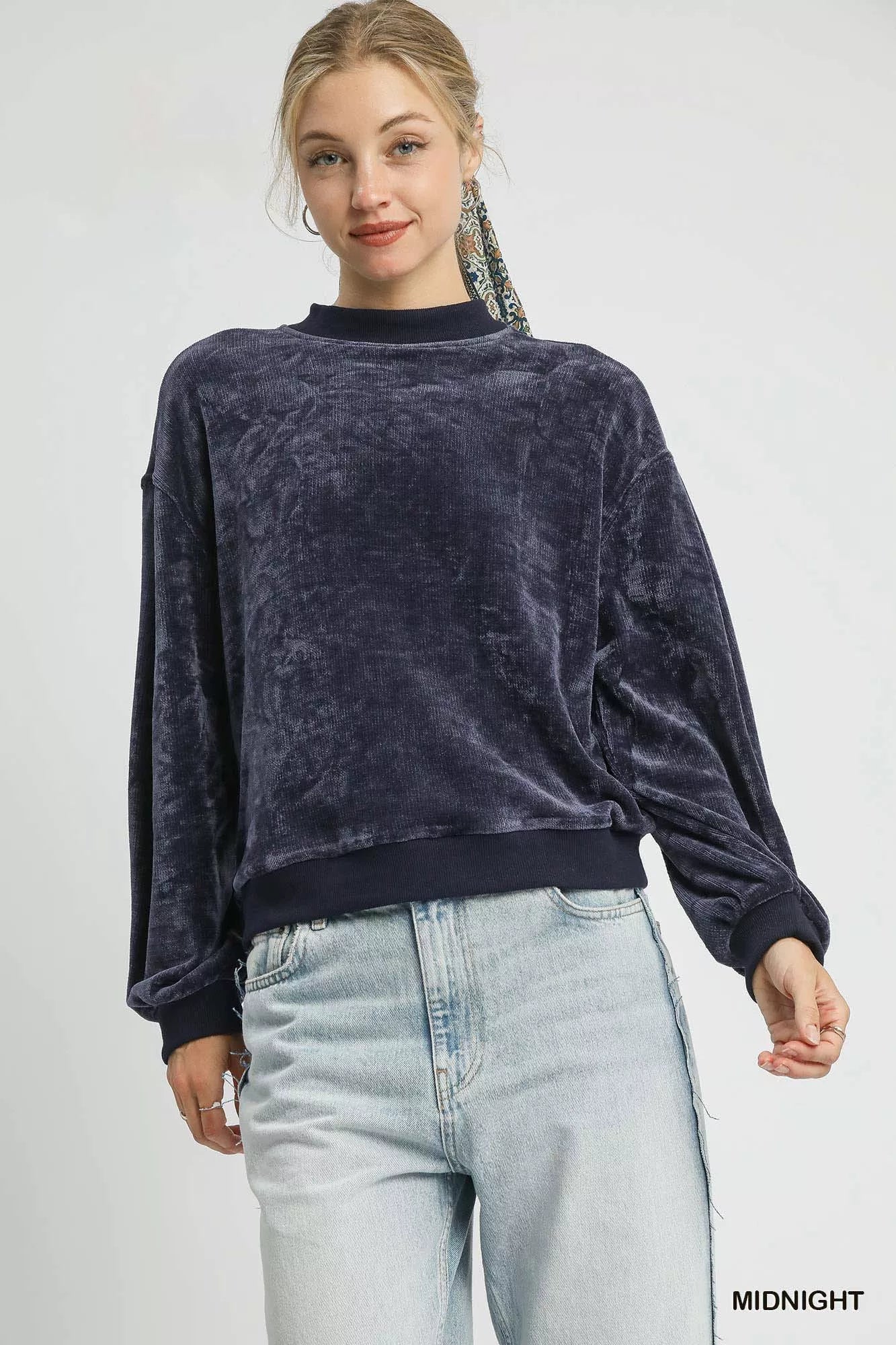 MIDNIGHT Umgee Velour Crewneck Balloon Sleeve Sweatshirt | Sweatshirts Daverri Fashions