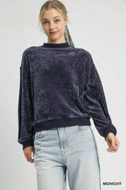 MIDNIGHT Umgee Velour Crewneck Balloon Sleeve Sweatshirt | Sweatshirts Daverri Fashions