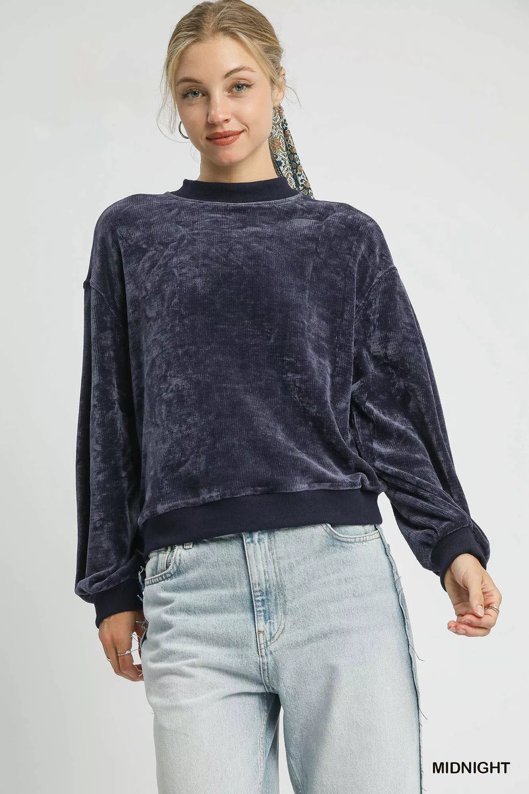 MIDNIGHT Umgee Velour Crewneck Balloon Sleeve Sweatshirt | Sweatshirts Daverri Fashions