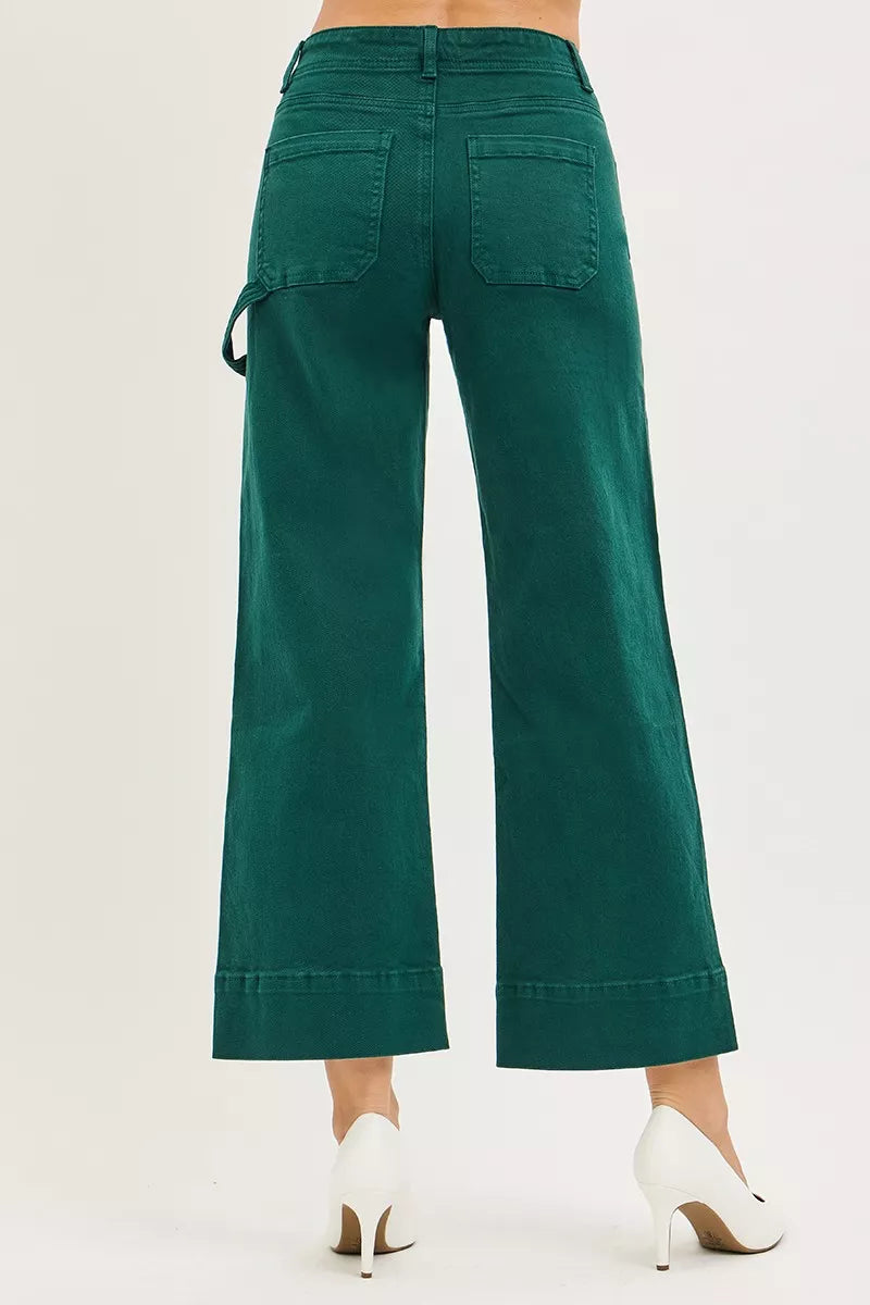 RISEN emerald green high-rise wide-leg crop pants with cargo pocket