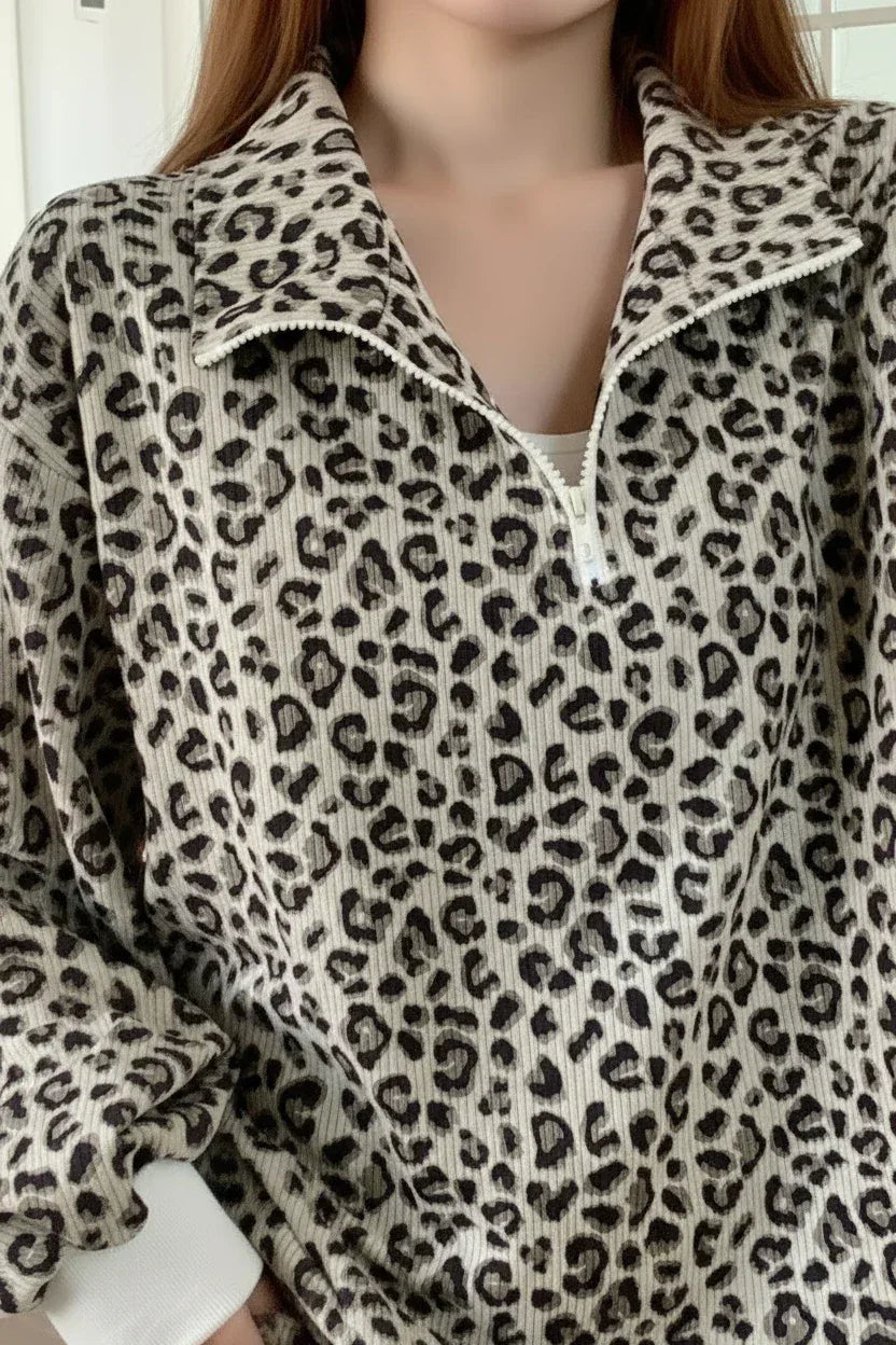 Leopard Print Quarter-Zip Sweatshirt - DAVERRI FASHIONS