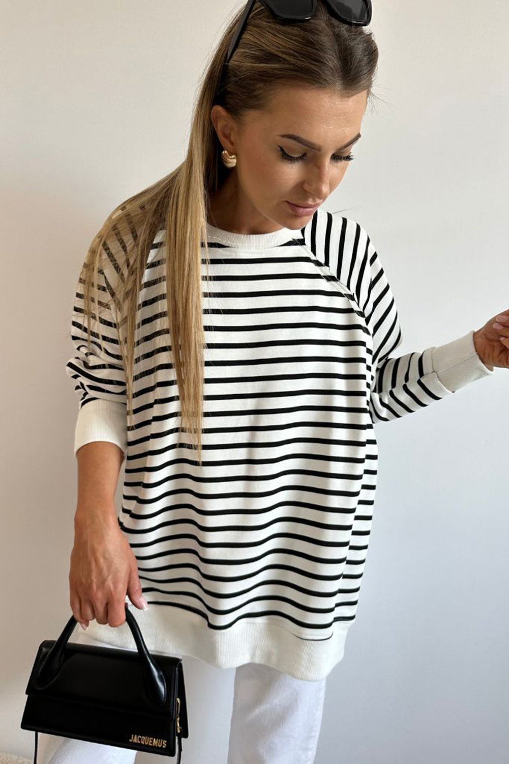 Black Stripe Raglan Sleeve Side Slits Loose Sweatshirt | Sweatshirts Daverri Fashions