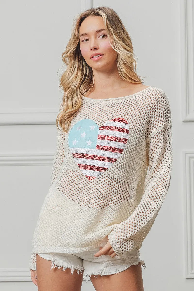 BiBi Sequin American Flag Heart Knit Cover-Up Cover-Ups