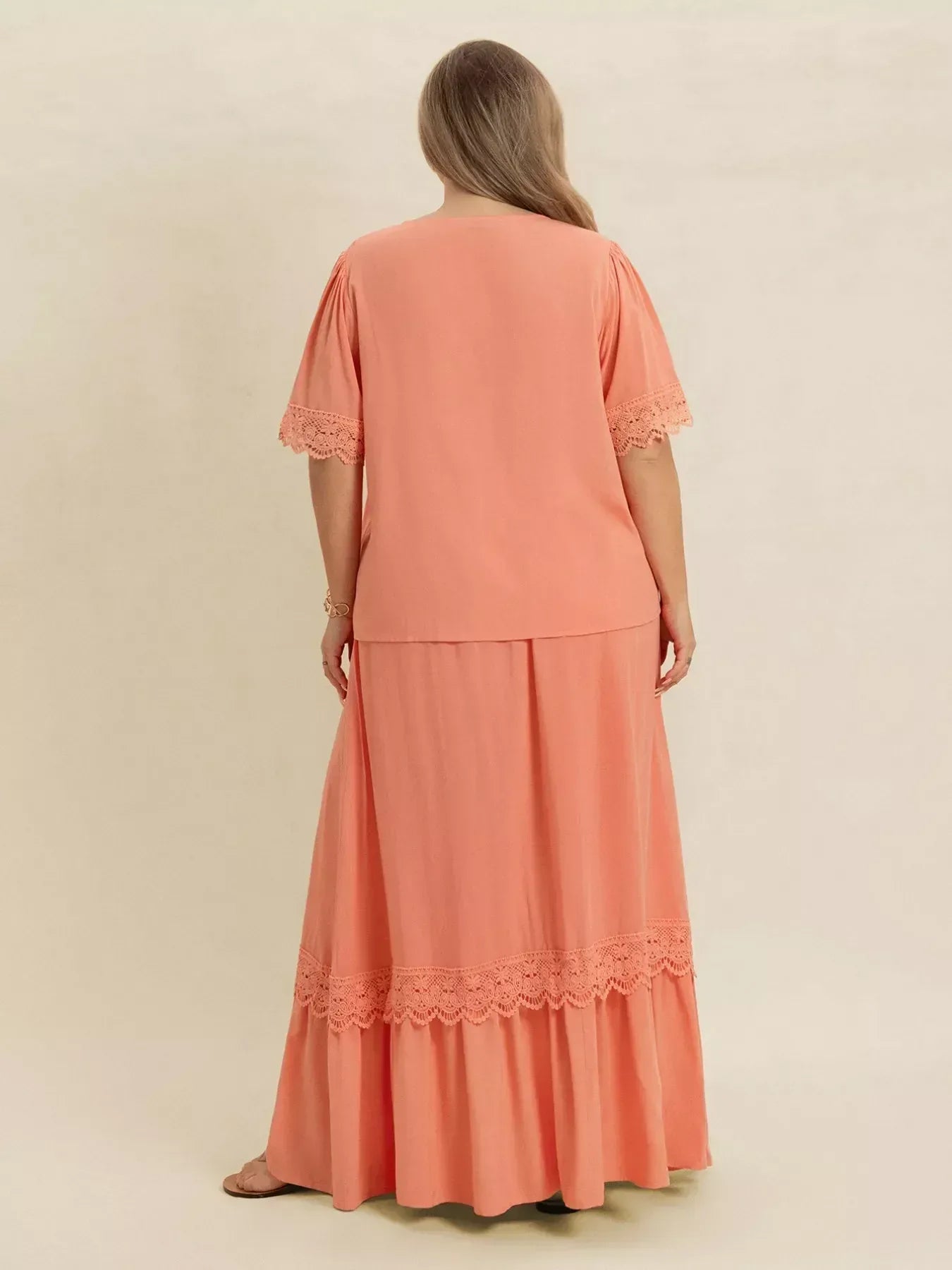 Plus Size Lace Detail Tie Neck Top and Skirt Set - DAVERRI FASHIONS