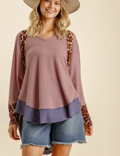 Umgee Full Size Leopard High-Low Dolman Sleeve Waffle Knit Top Plus Size