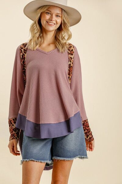 Umgee Full Size Leopard High-Low Dolman Sleeve Waffle Knit Top Plus Size