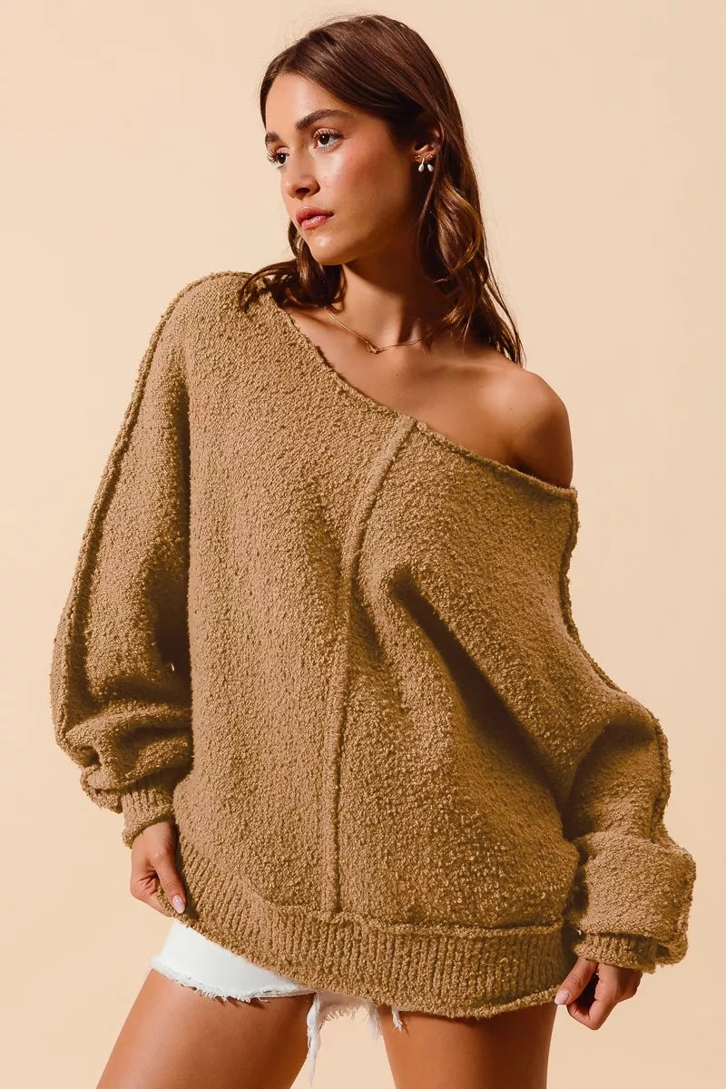 SO ME Loose Fit Exposed Seam Slouchy Boucle Sweater Taupe | Sweaters Daverri Fashions