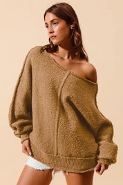 SO ME Loose Fit Exposed Seam Slouchy Boucle Sweater Taupe | Sweaters Daverri Fashions