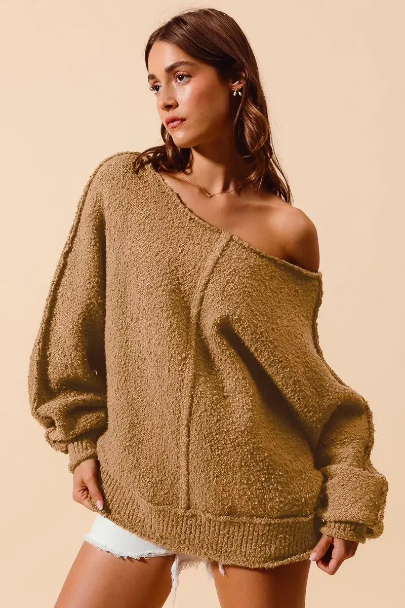 SO ME Loose Fit Exposed Seam Slouchy Boucle Sweater Taupe - DAVERRI FASHIONS