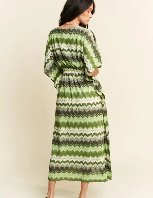 Davi & Dani Multi Color Wavy Tie Waist Flowy Sleeve Dress | Daverri Fashions