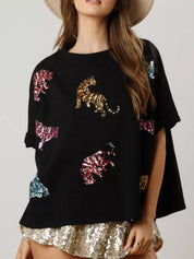 Black Sequin Tiger Round Neck T-Shirt | T-Shirts Daverri Fashions
