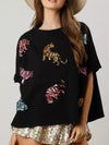 Sequin Tiger Round Neck T-Shirt - DAVERRI FASHIONS