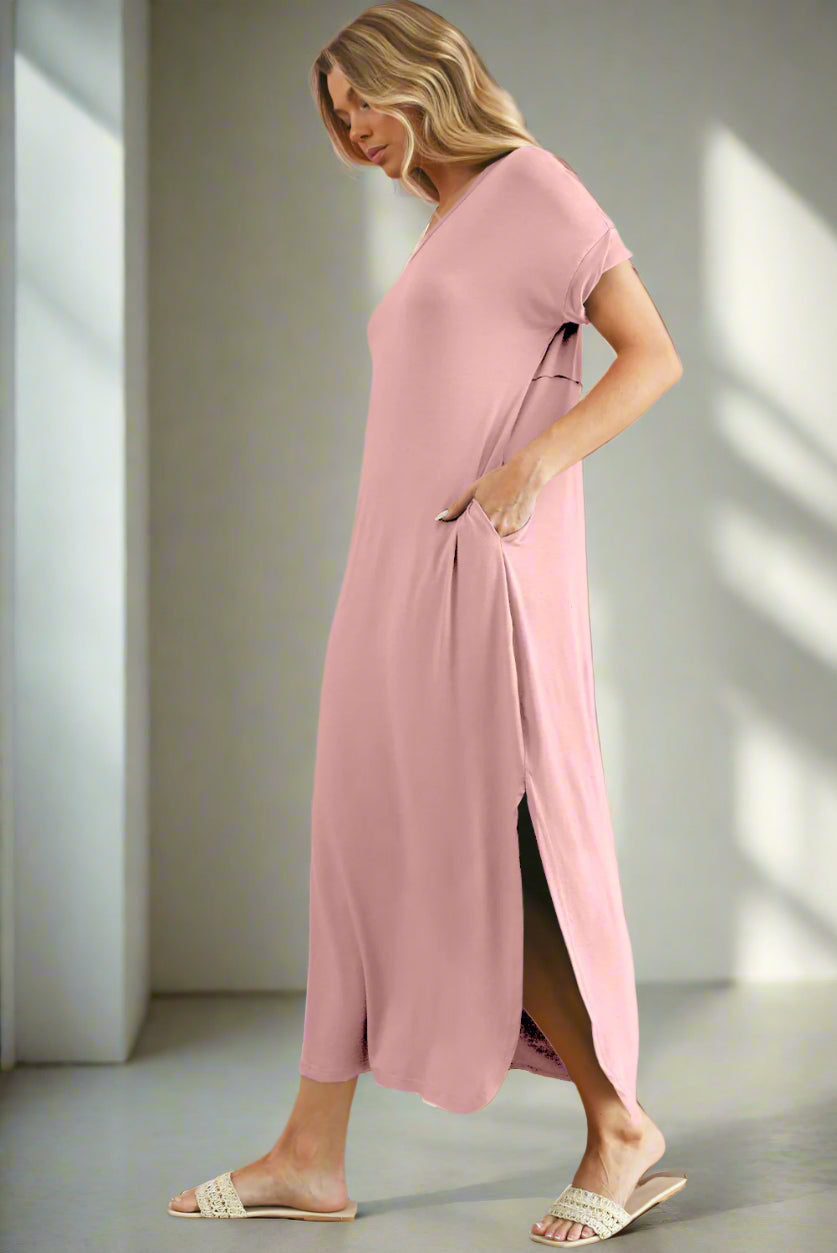 Pink Solid Color Hidden Pocket V Neck Slit Maxi Dress Maxi Dresses