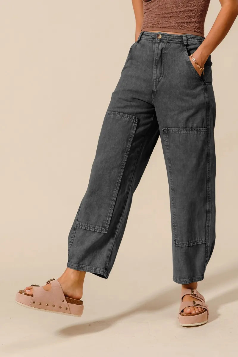 SO ME Mineral Washed Mid Rise Barrel Shape Pants CHARCOAL BLACK Pants
