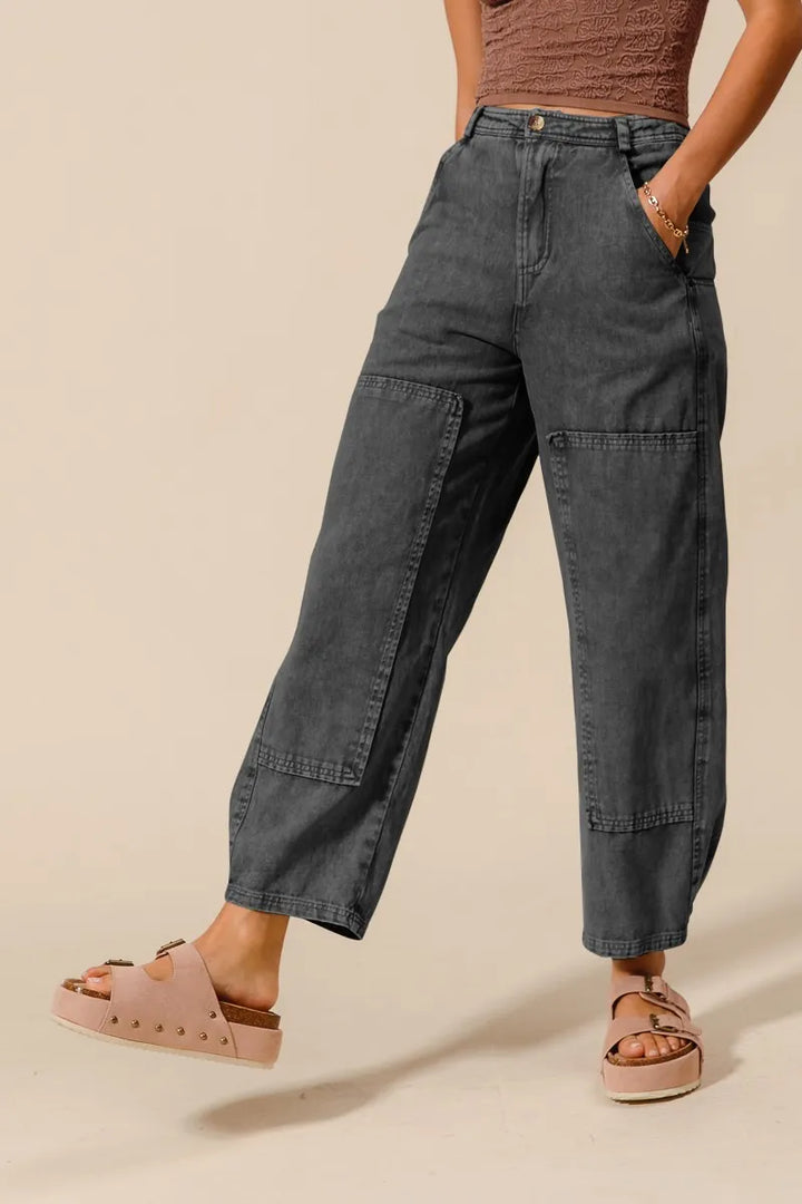 SO ME Mineral Washed Mid Rise Barrel Shape Pants CHARCOAL BLACK Pants