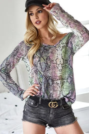 BiBi Snakeskin Print Low Gauge Hacci V Neck Top | Tops Daverri Fashions