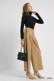 Umgee Front Pleated Wide-Leg Pants with Contrast Trim | Pants Daverri Fashions