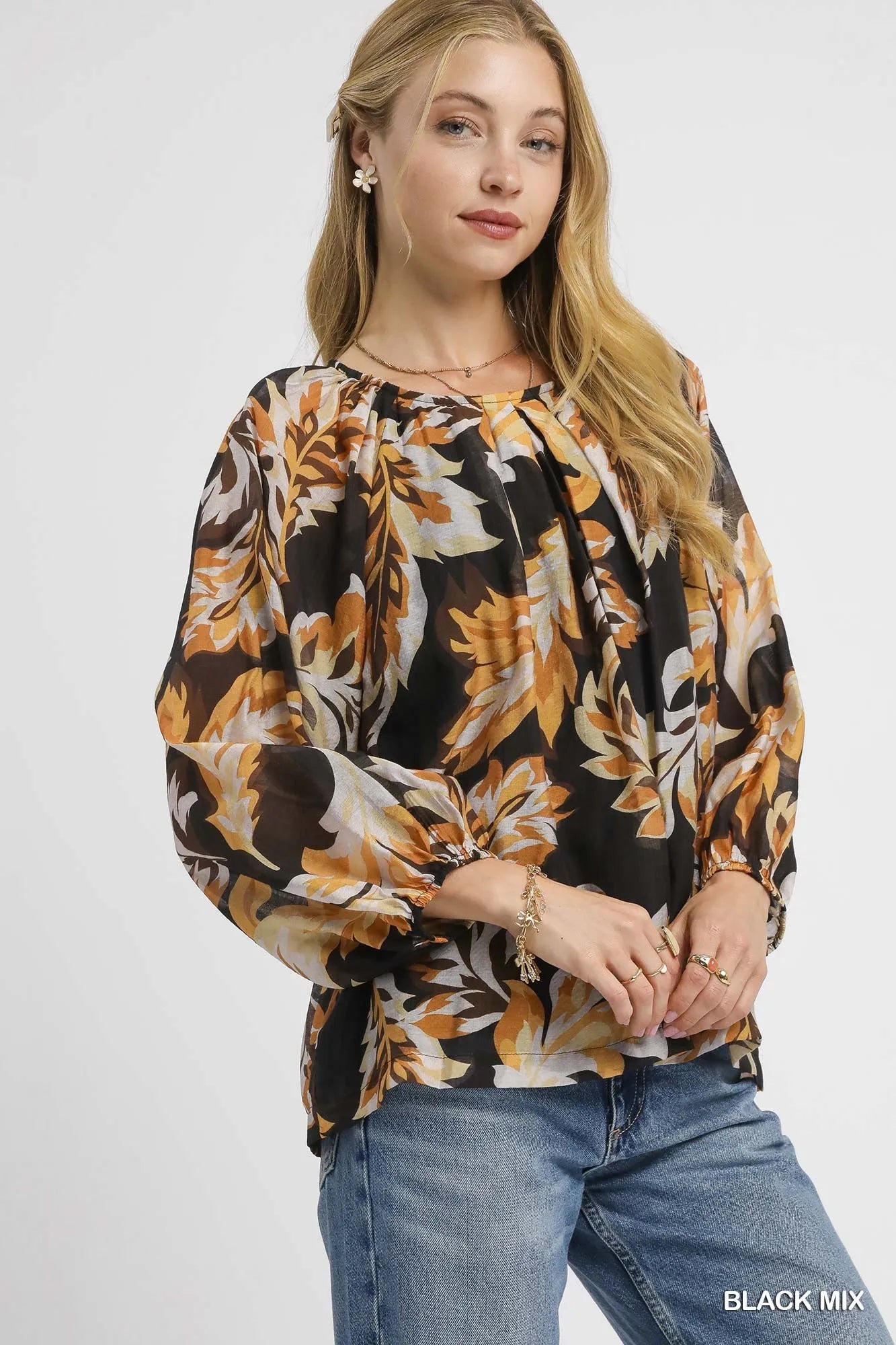 Umgee Autumn Leaf Print Balloon Sleeve Blouse Blouses