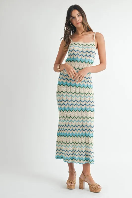 MABLE Lightweight Pointelle Chevron Knit Maxi Dress
