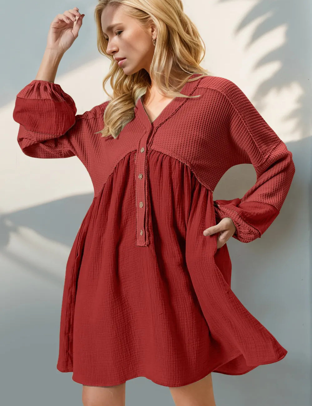 Red Double Take Waffle-Knit Contrast Half Button V-Neck Long Sleeve Mini Dress | Mini Dresses Daverri Fashions