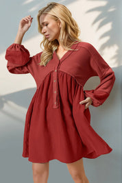 Red Double Take Waffle-Knit Contrast Half Button V-Neck Long Sleeve Mini Dress | Mini Dresses Daverri Fashions