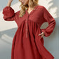 Double Take Waffle-Knit Contrast Half Button V-Neck Long Sleeve Mini Dress - DAVERRI FASHIONS