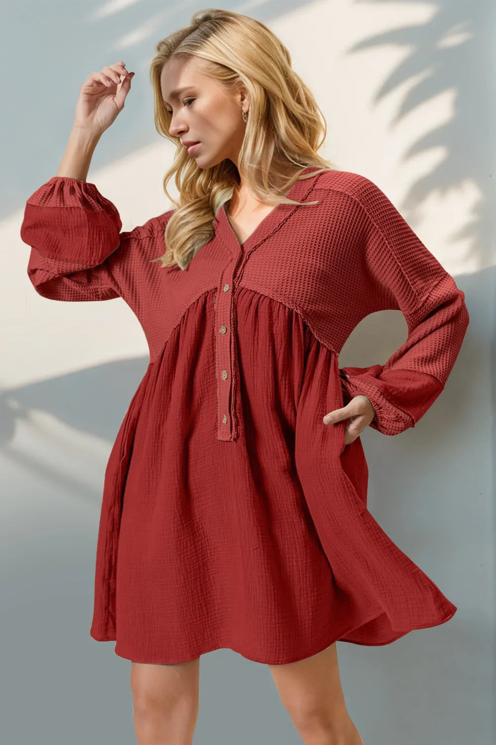 Red Double Take Waffle-Knit Contrast Half Button V-Neck Long Sleeve Mini Dress | Mini Dresses Daverri Fashions