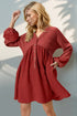 Double Take Waffle-Knit Contrast Half Button V-Neck Long Sleeve Mini Dress - DAVERRI FASHIONS