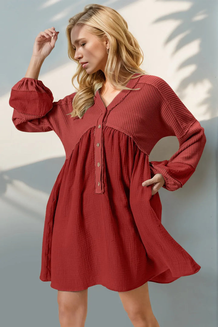 Red Double Take Waffle-Knit Contrast Half Button V-Neck Long Sleeve Mini Dress | Mini Dresses Daverri Fashions
