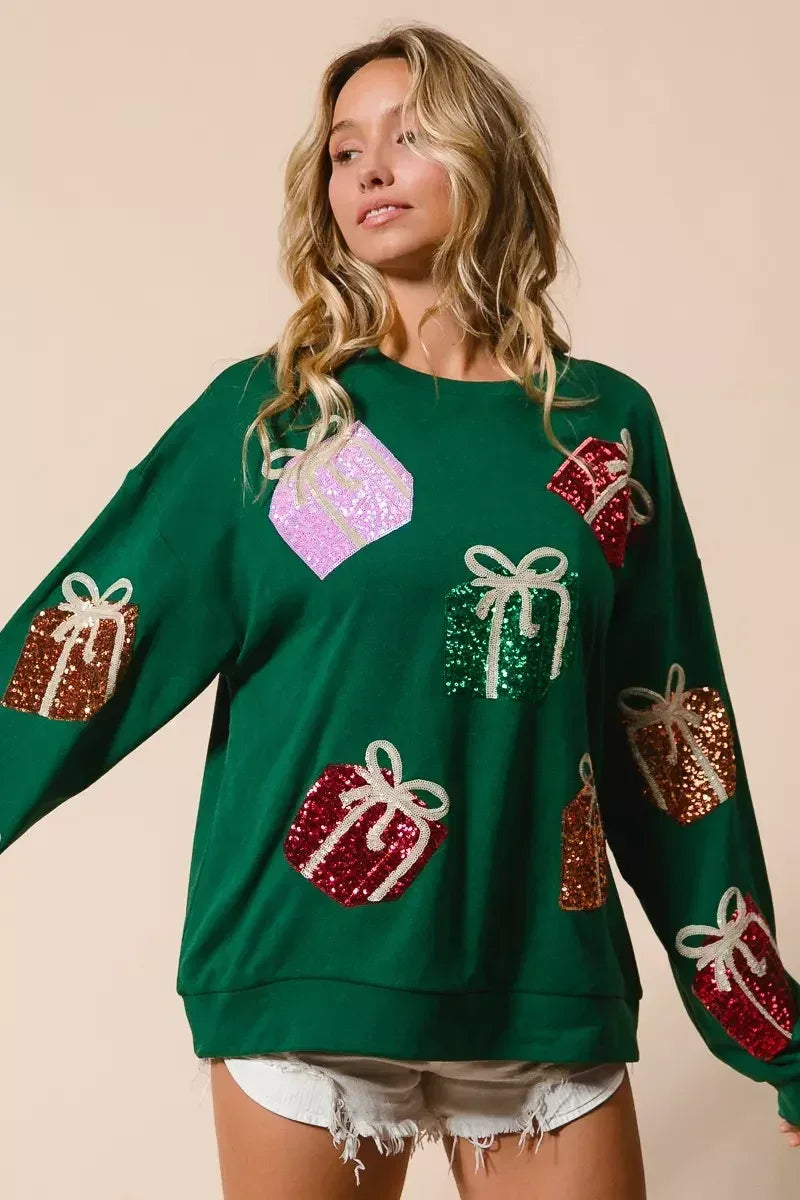 BiBi Sequin Christmas Gift Box Embroideries Pullover - DAVERRI FASHIONS