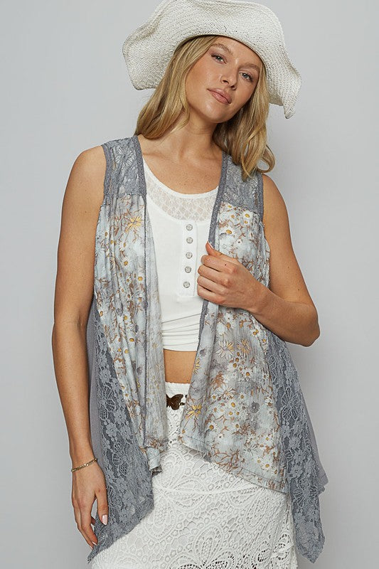 POL Lace Patchwork Floral Open Front Sleeveless Cardigan Gray Cardigans