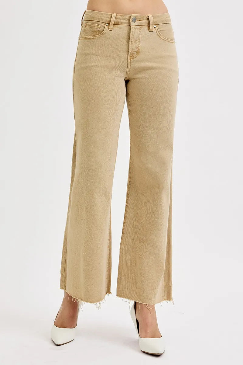 RISEN Full Size Raw Hem Wide Leg Jeans Plus Size Tan Jeans
