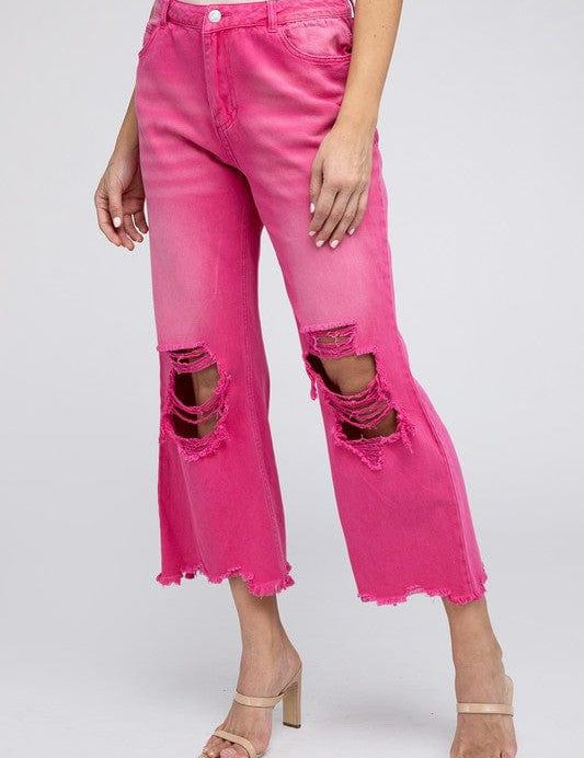 Distressed Vintage Washed Wide Leg Pants FUCHSIA Pants