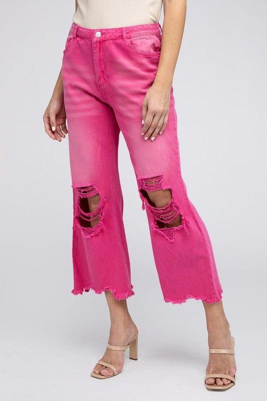 Distressed Vintage Washed Wide Leg Pants FUCHSIA Pants