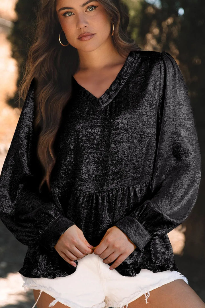 Frill Peplum V-Neck Long Sleeve Blouse | Blouses Daverri Fashions