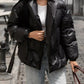 Daverri long sleeve belted puffer jacket in black shiny nylon quilted design